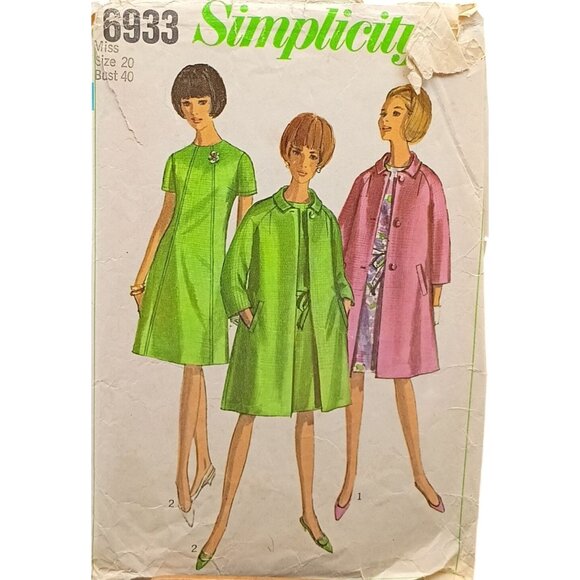 Vintage Simplicity 6933 Sewing Pattern Womens One-Piece Dress & Coat Size 20 - Picture 1 of 2